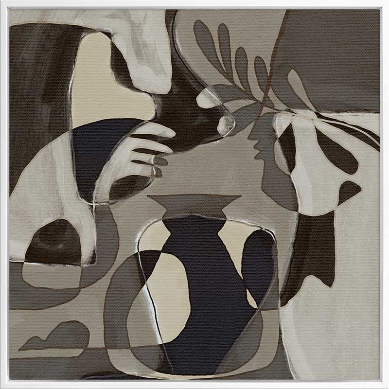 Muted grayscale artwork with abstracted human forms and botanical details creating a soft, introspective mood, from the Shatha collection with Urban Road.