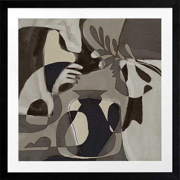 Muted grayscale artwork with abstracted human forms and botanical details creating a soft, introspective mood, from the Shatha collection with Urban Road.