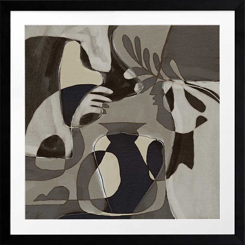 Muted grayscale artwork with abstracted human forms and botanical details creating a soft, introspective mood, from the Shatha collection with Urban Road.