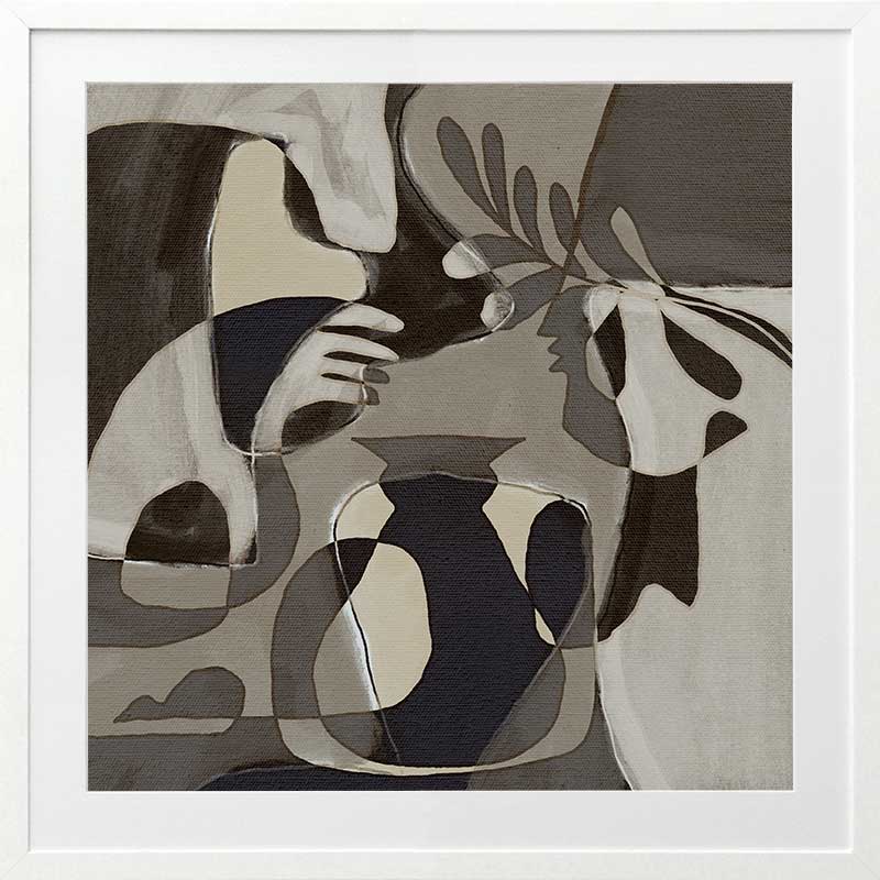 Muted grayscale artwork with abstracted human forms and botanical details creating a soft, introspective mood, from the Shatha collection with Urban Road.