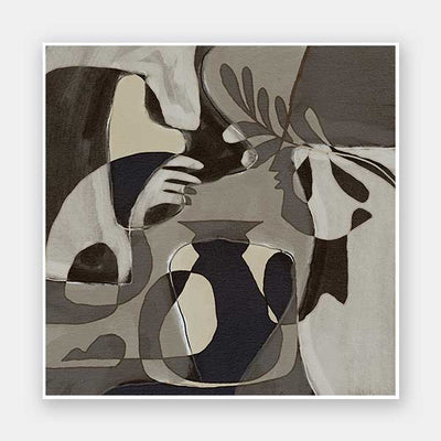 Muted grayscale artwork with abstracted human forms and botanical details creating a soft, introspective mood, from the Shatha collection with Urban Road.