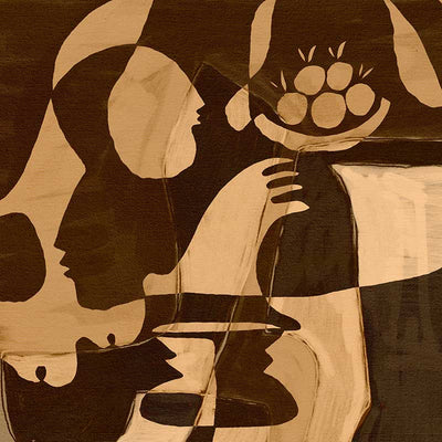 Warm-toned abstract piece with golden and dark brown hues featuring layered figures and a floating floral motif, from the Shatha collection with Urban Road.