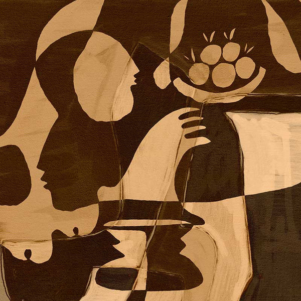 Warm-toned abstract piece with golden and dark brown hues featuring layered figures and a floating floral motif, from the Shatha collection with Urban Road.