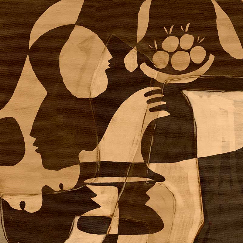 Warm-toned abstract piece with golden and dark brown hues featuring layered figures and a floating floral motif, from the Shatha collection with Urban Road.