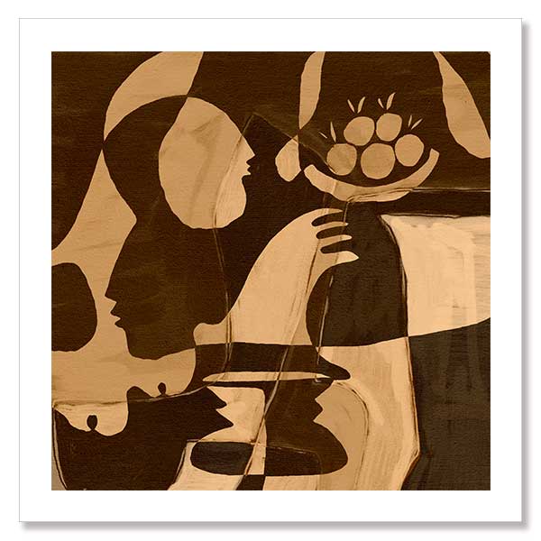 Warm-toned abstract piece with golden and dark brown hues featuring layered figures and a floating floral motif, from the Shatha collection with Urban Road.