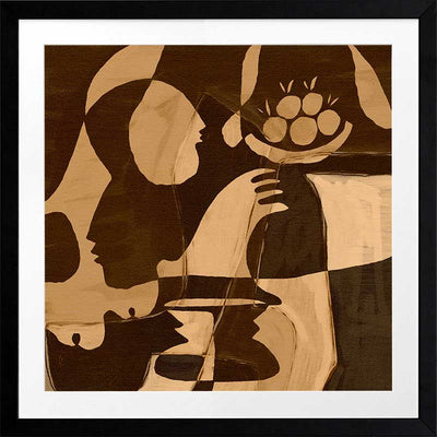 Warm-toned abstract piece with golden and dark brown hues featuring layered figures and a floating floral motif, from the Shatha collection with Urban Road.