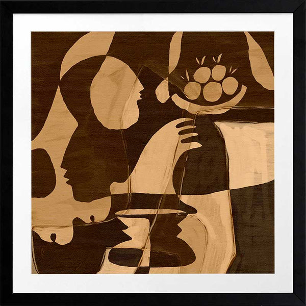 Warm-toned abstract piece with golden and dark brown hues featuring layered figures and a floating floral motif, from the Shatha collection with Urban Road.