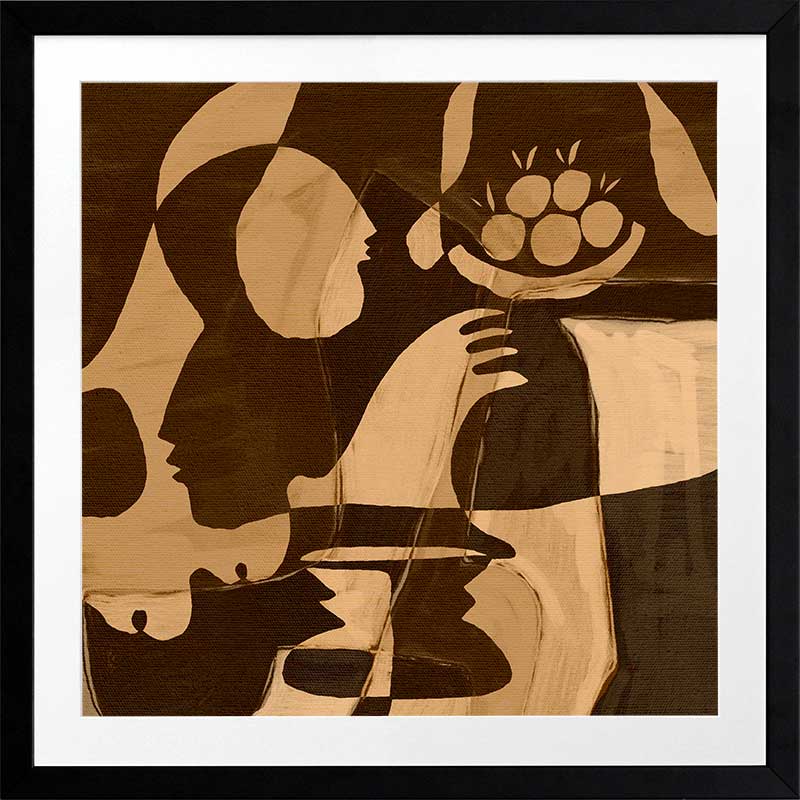 Warm-toned abstract piece with golden and dark brown hues featuring layered figures and a floating floral motif, from the Shatha collection with Urban Road.