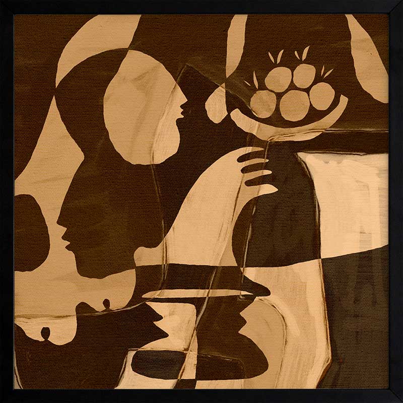 Warm-toned abstract piece with golden and dark brown hues featuring layered figures and a floating floral motif, from the Shatha collection with Urban Road.