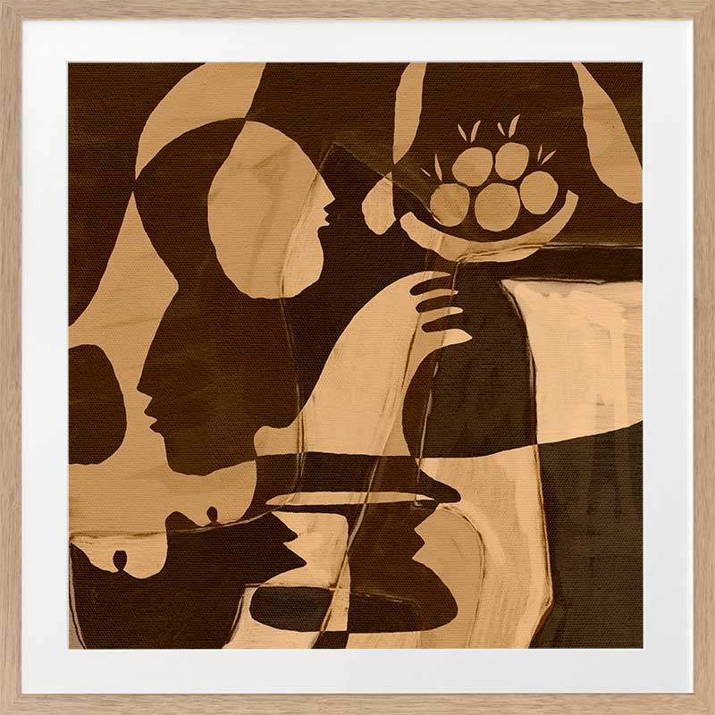 Warm-toned abstract piece with golden and dark brown hues featuring layered figures and a floating floral motif, from the Shatha collection with Urban Road.