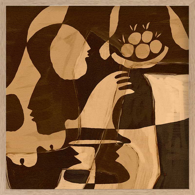 Warm-toned abstract piece with golden and dark brown hues featuring layered figures and a floating floral motif, from the Shatha collection with Urban Road.