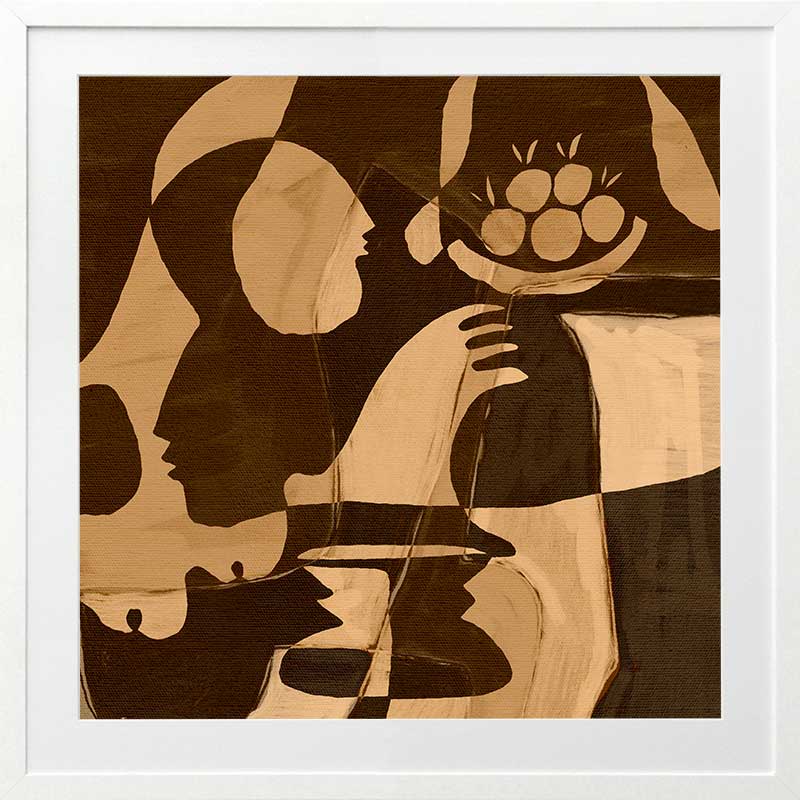 Warm-toned abstract piece with golden and dark brown hues featuring layered figures and a floating floral motif, from the Shatha collection with Urban Road.