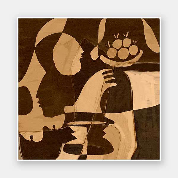 Warm-toned abstract piece with golden and dark brown hues featuring layered figures and a floating floral motif, from the Shatha collection with Urban Road.