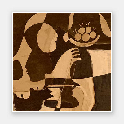 Warm-toned abstract piece with golden and dark brown hues featuring layered figures and a floating floral motif, from the Shatha collection with Urban Road.