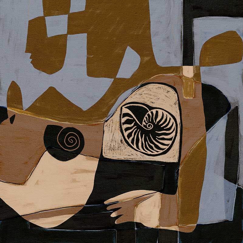 Modern abstract artwork in ochre, black, and muted lavender, featuring circular shell-like patterns and fragmented shapes, from the Shatha collection with Urban Road.