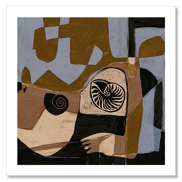 Modern abstract artwork in ochre, black, and muted lavender, featuring circular shell-like patterns and fragmented shapes, from the Shatha collection with Urban Road.
