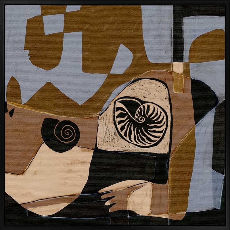 Modern abstract artwork in ochre, black, and muted lavender, featuring circular shell-like patterns and fragmented shapes, from the Shatha collection with Urban Road.