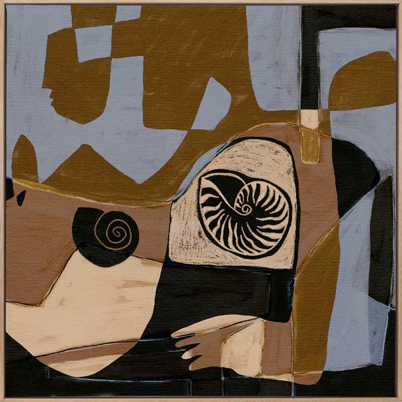 Modern abstract artwork in ochre, black, and muted lavender, featuring circular shell-like patterns and fragmented shapes, from the Shatha collection with Urban Road.