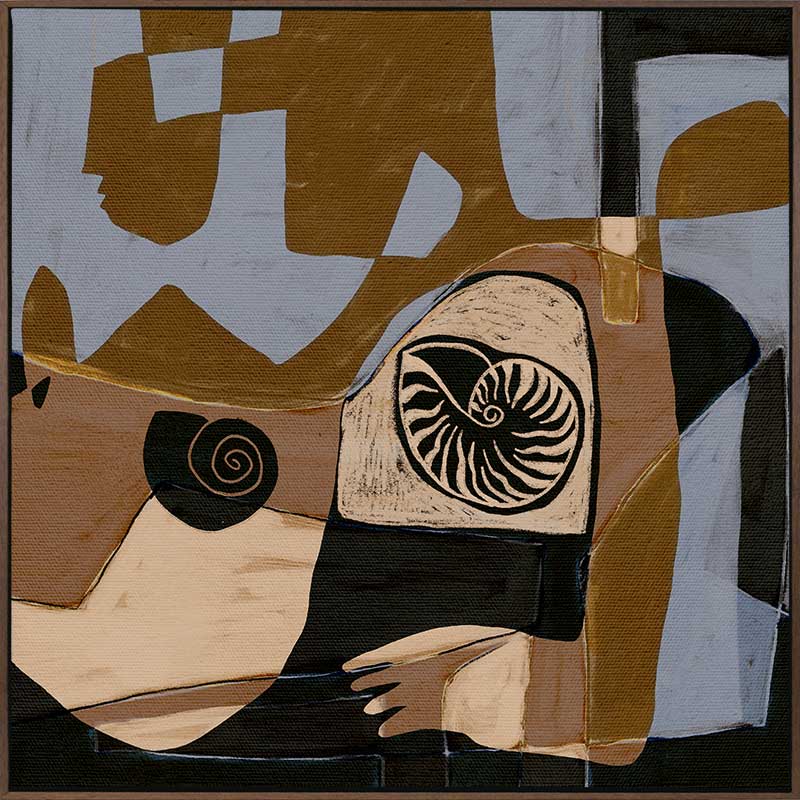 Modern abstract artwork in ochre, black, and muted lavender, featuring circular shell-like patterns and fragmented shapes, from the Shatha collection with Urban Road.