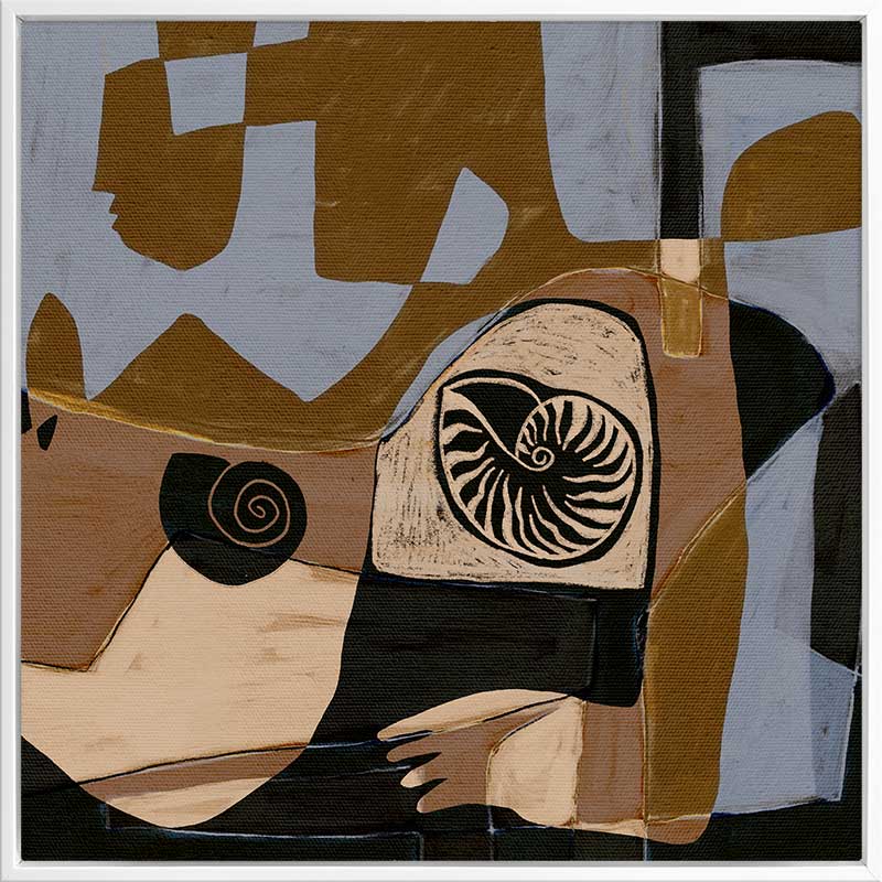 Modern abstract artwork in ochre, black, and muted lavender, featuring circular shell-like patterns and fragmented shapes, from the Shatha collection with Urban Road.