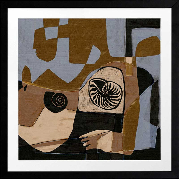 Modern abstract artwork in ochre, black, and muted lavender, featuring circular shell-like patterns and fragmented shapes, from the Shatha collection with Urban Road.