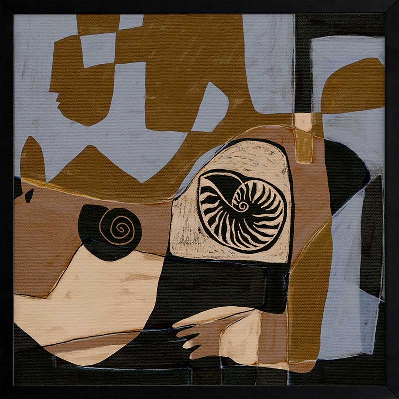 Modern abstract artwork in ochre, black, and muted lavender, featuring circular shell-like patterns and fragmented shapes, from the Shatha collection with Urban Road.