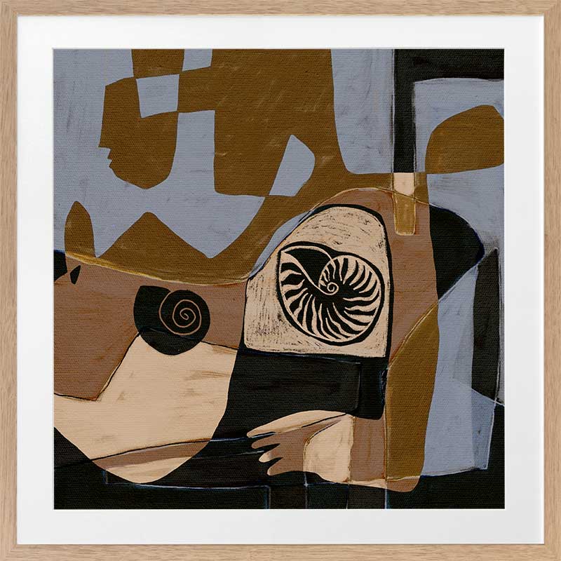 Modern abstract artwork in ochre, black, and muted lavender, featuring circular shell-like patterns and fragmented shapes, from the Shatha collection with Urban Road.