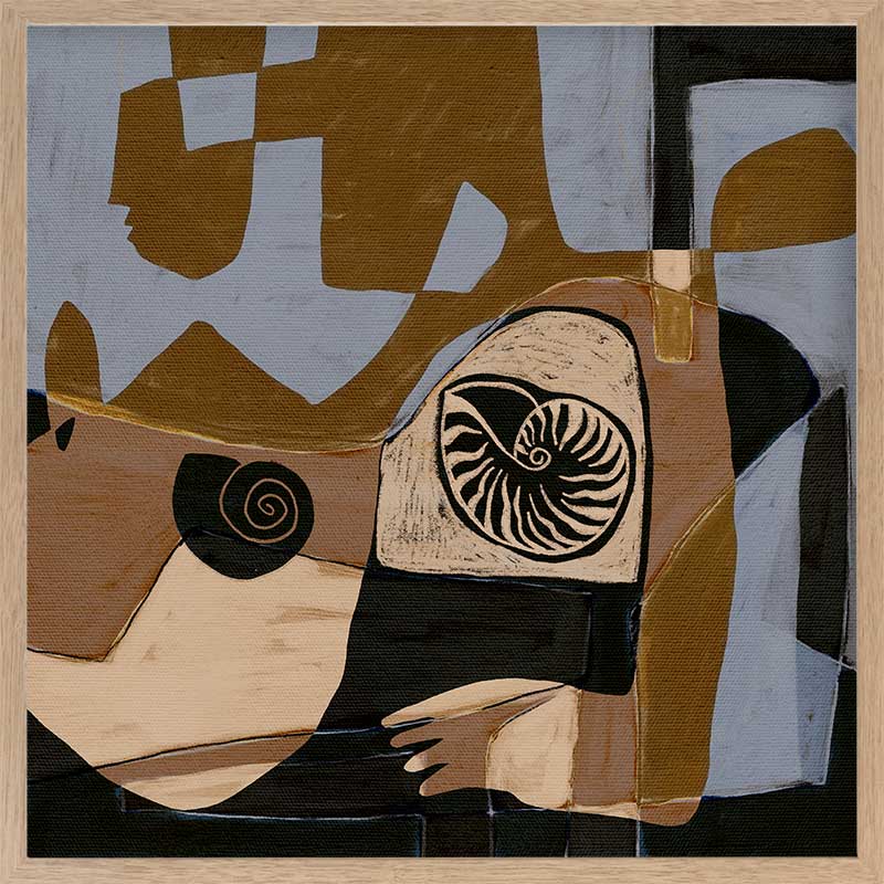 Modern abstract artwork in ochre, black, and muted lavender, featuring circular shell-like patterns and fragmented shapes, from the Shatha collection with Urban Road.