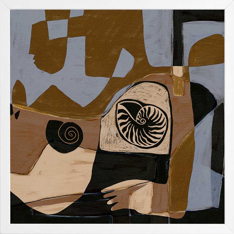 Modern abstract artwork in ochre, black, and muted lavender, featuring circular shell-like patterns and fragmented shapes, from the Shatha collection with Urban Road.