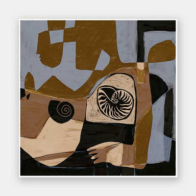 Modern abstract artwork in ochre, black, and muted lavender, featuring circular shell-like patterns and fragmented shapes, from the Shatha collection with Urban Road.