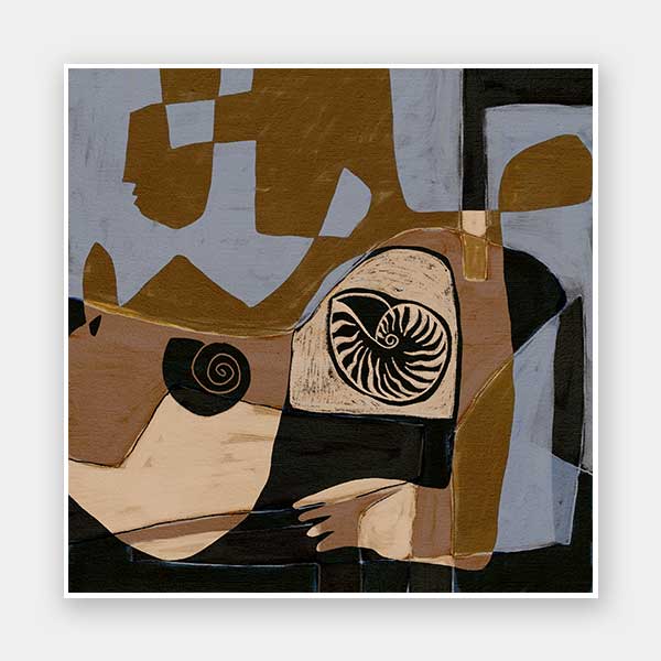 Modern abstract artwork in ochre, black, and muted lavender, featuring circular shell-like patterns and fragmented shapes, from the Shatha collection with Urban Road.