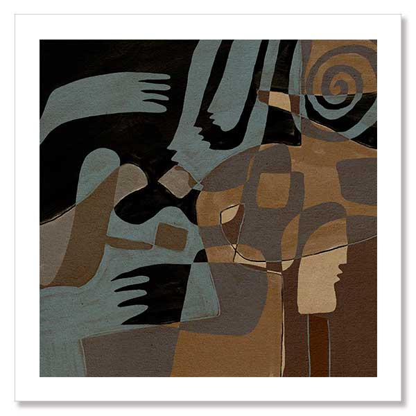 Flowing abstract artwork by Shatha in blue and neutral tones with layered organic forms.