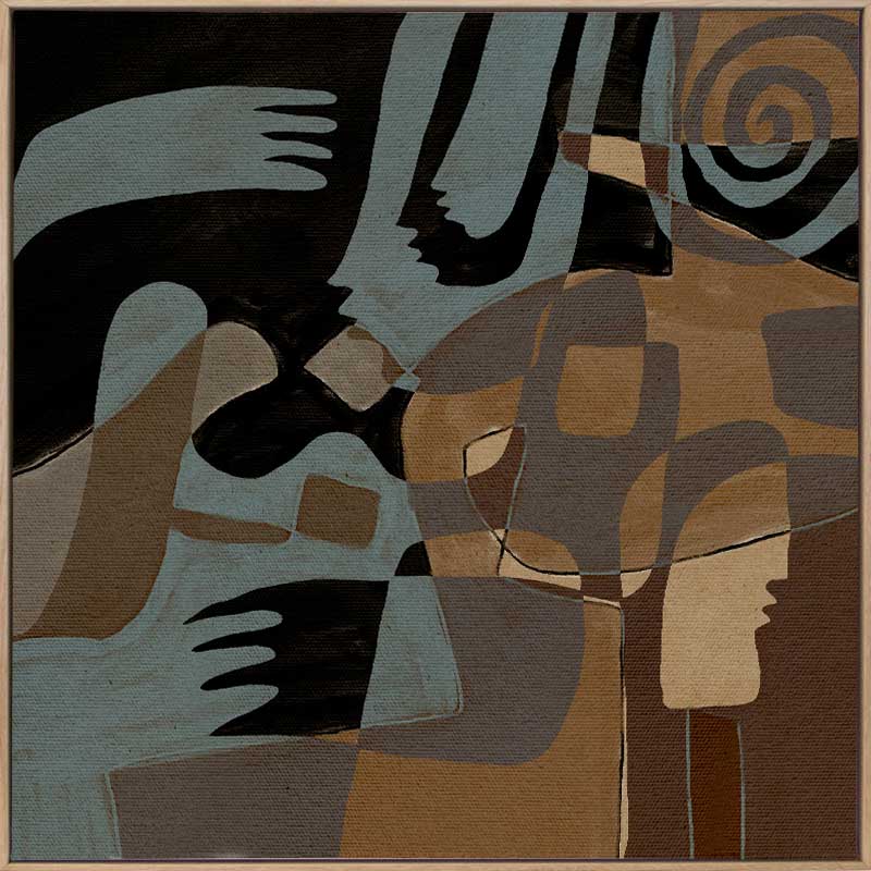 Flowing abstract artwork by Shatha in blue and neutral tones with layered organic forms.