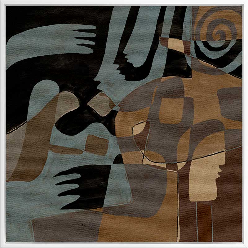 Flowing abstract artwork by Shatha in blue and neutral tones with layered organic forms.