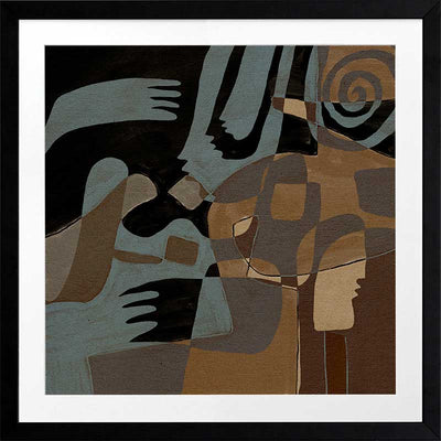 Flowing abstract artwork by Shatha in blue and neutral tones with layered organic forms.