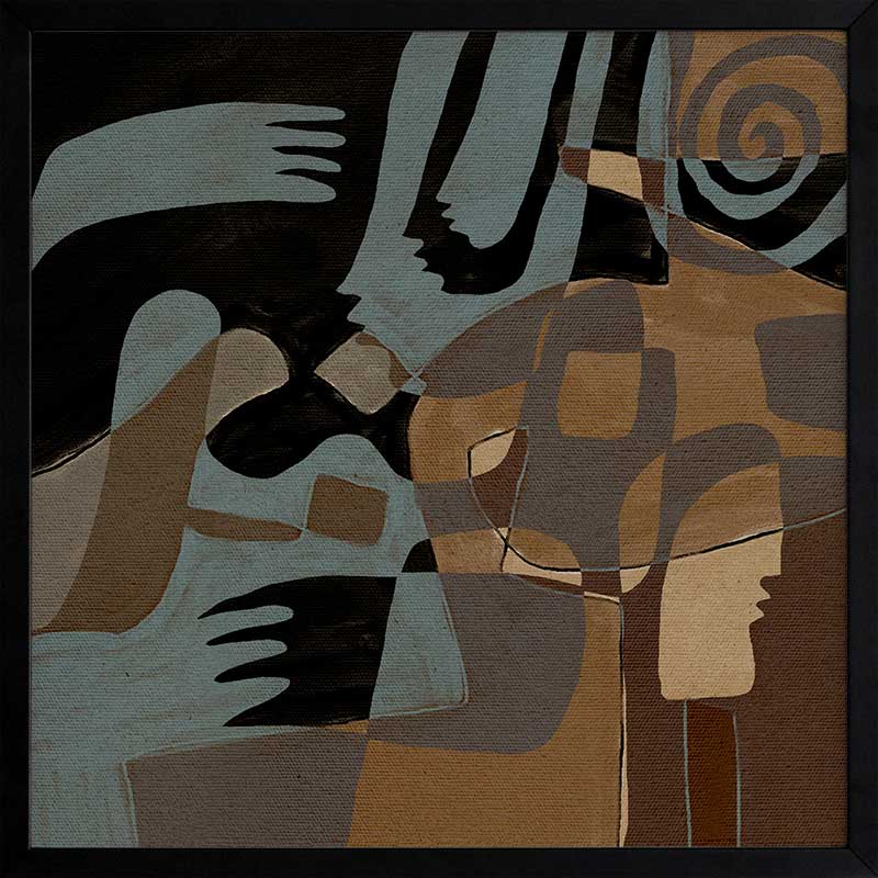 Flowing abstract artwork by Shatha in blue and neutral tones with layered organic forms.