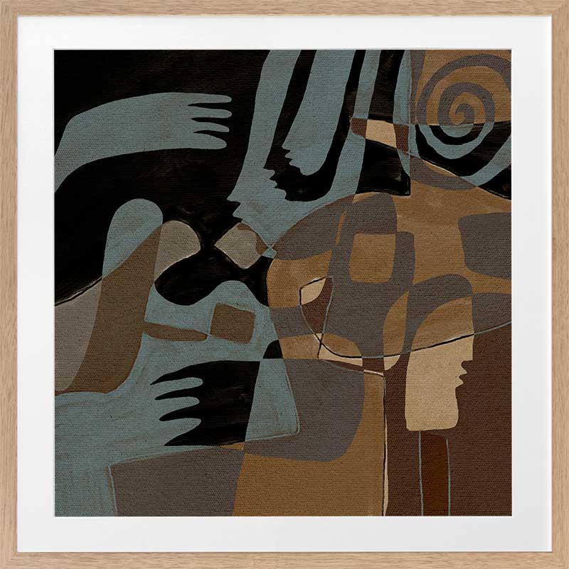 Flowing abstract artwork by Shatha in blue and neutral tones with layered organic forms.