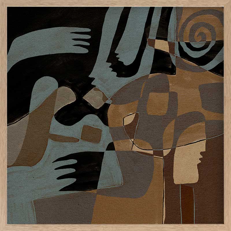 Flowing abstract artwork by Shatha in blue and neutral tones with layered organic forms.