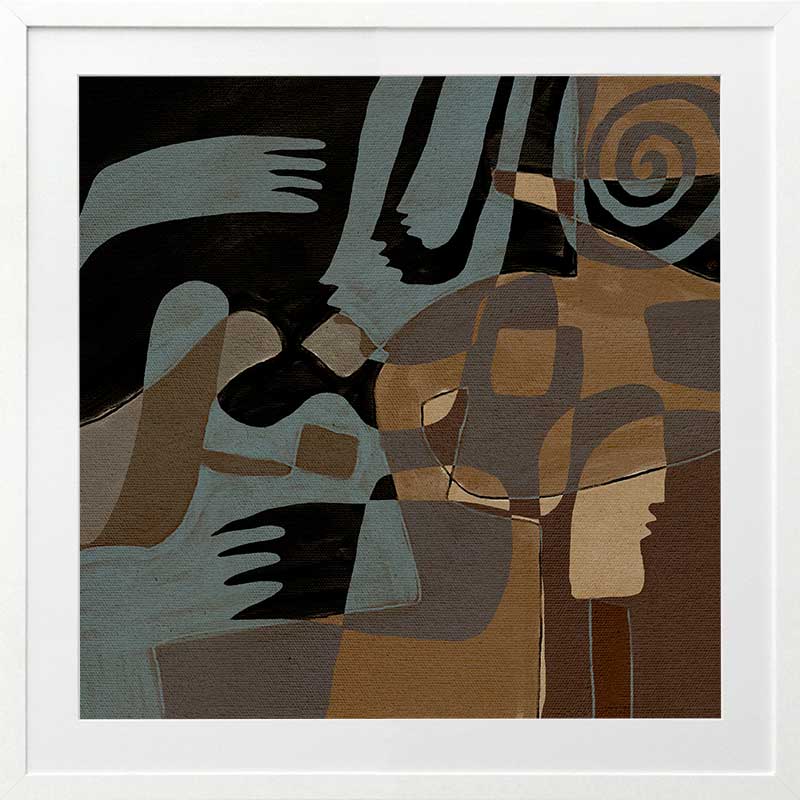 Flowing abstract artwork by Shatha in blue and neutral tones with layered organic forms.