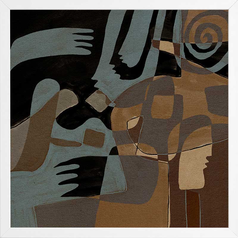 Flowing abstract artwork by Shatha in blue and neutral tones with layered organic forms.