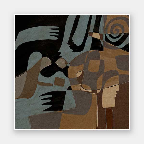 Flowing abstract artwork by Shatha in blue and neutral tones with layered organic forms.