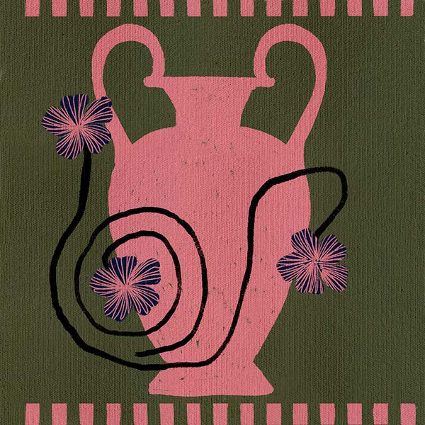 Playful floral artwork featuring a pink Grecian-style vase with loosely drawn black stems and purple blooms on an olive-green background, from the Shatha collection with Urban Road.