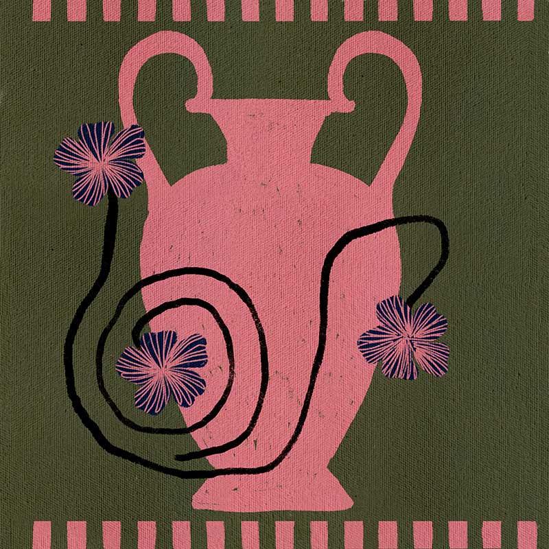 Playful floral artwork featuring a pink Grecian-style vase with loosely drawn black stems and purple blooms on an olive-green background, from the Shatha collection with Urban Road.