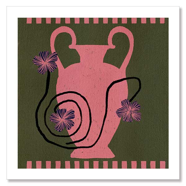 Playful floral artwork featuring a pink Grecian-style vase with loosely drawn black stems and purple blooms on an olive-green background, from the Shatha collection with Urban Road.