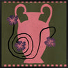 Playful floral artwork featuring a pink Grecian-style vase with loosely drawn black stems and purple blooms on an olive-green background, from the Shatha collection with Urban Road.