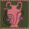 Playful floral artwork featuring a pink Grecian-style vase with loosely drawn black stems and purple blooms on an olive-green background, from the Shatha collection with Urban Road.