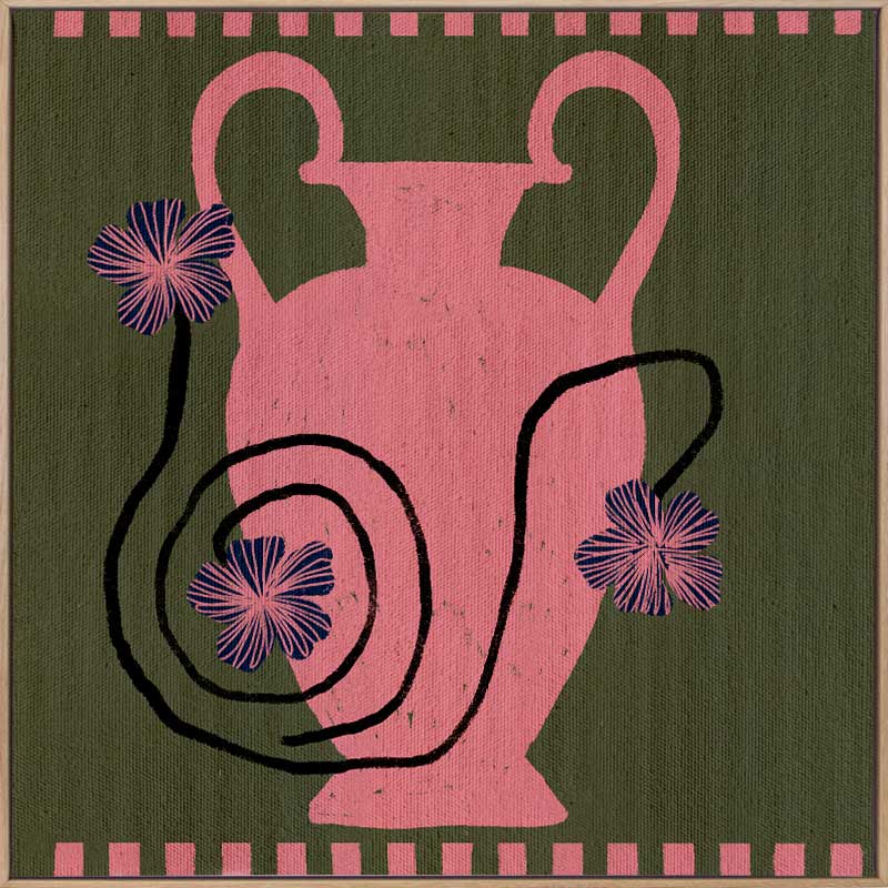 Playful floral artwork featuring a pink Grecian-style vase with loosely drawn black stems and purple blooms on an olive-green background, from the Shatha collection with Urban Road.