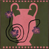 Playful floral artwork featuring a pink Grecian-style vase with loosely drawn black stems and purple blooms on an olive-green background, from the Shatha collection with Urban Road.