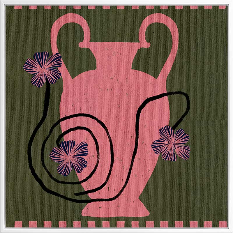 Playful floral artwork featuring a pink Grecian-style vase with loosely drawn black stems and purple blooms on an olive-green background, from the Shatha collection with Urban Road.