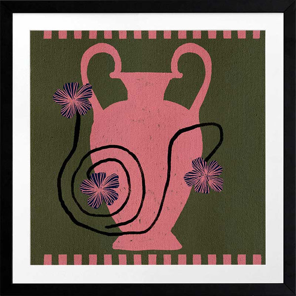 Playful floral artwork featuring a pink Grecian-style vase with loosely drawn black stems and purple blooms on an olive-green background, from the Shatha collection with Urban Road.